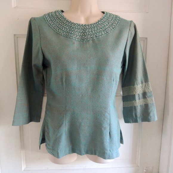 Tarsian & Blinkley Green 100% Raw Silk Beaded Afghan Top S - Picture 6 of 11